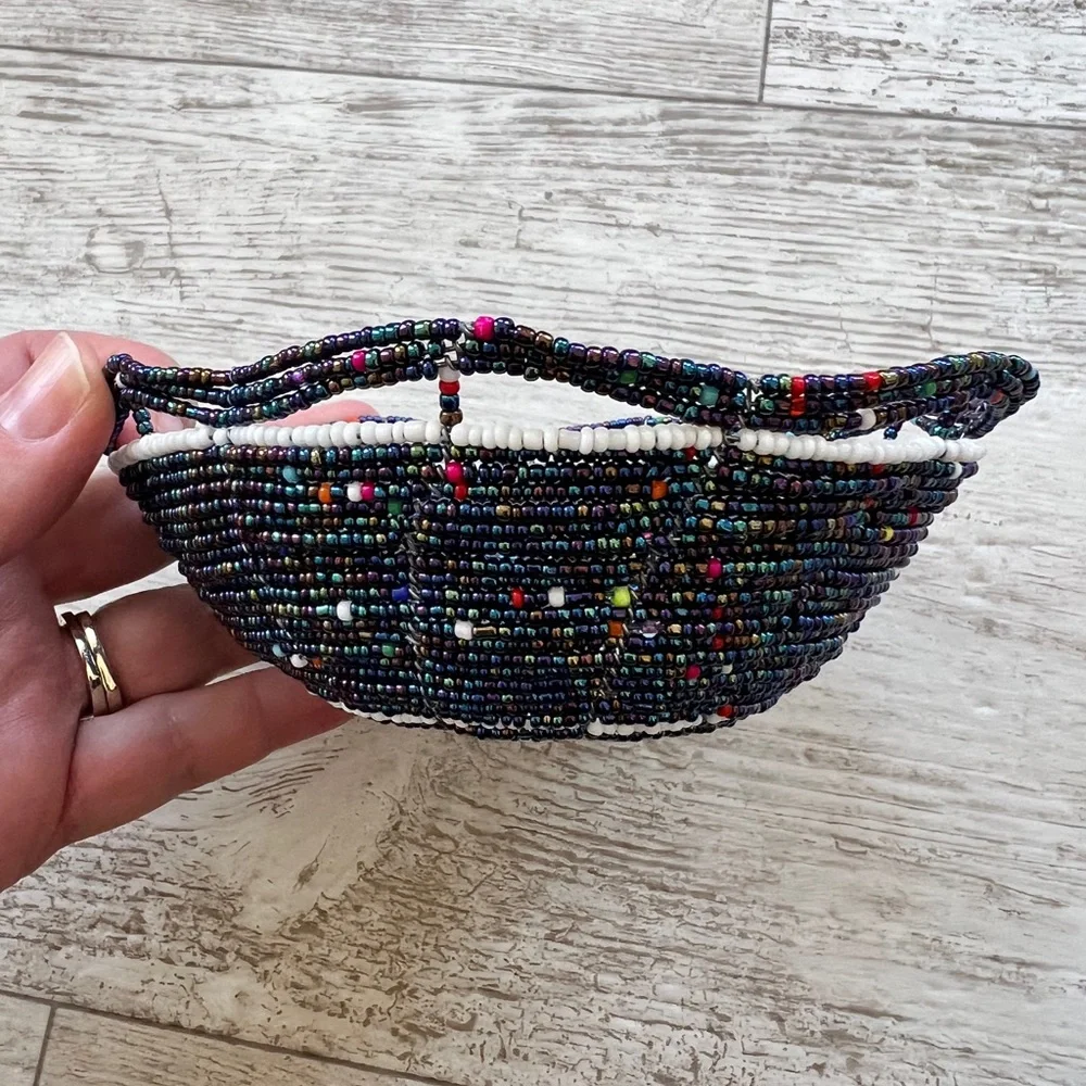 Handcrafted Wire and Seed Bead Bowl Multicolored Beaded Trinket 6” Dish